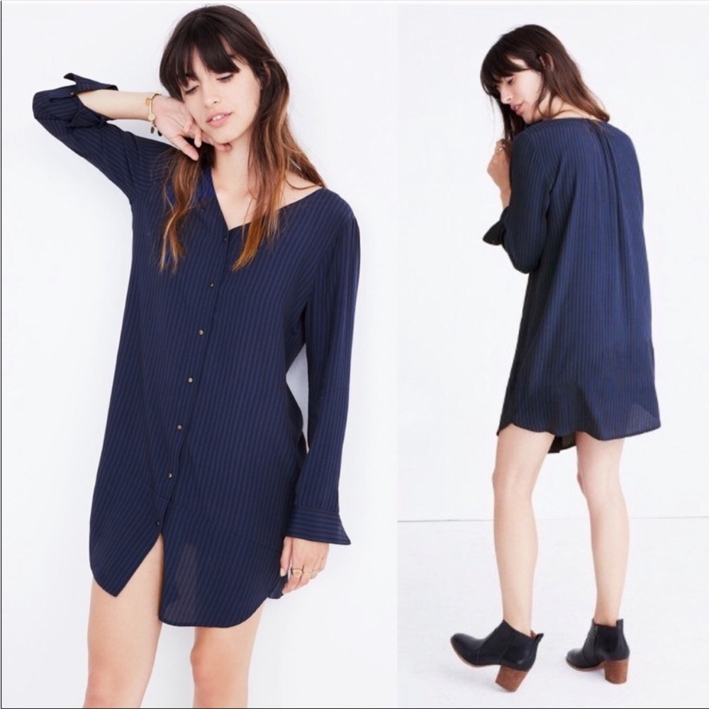 Madewell Shift Dress Oversized Button Down Subtle Navy Stripes Long Sleeves XS